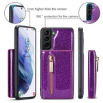 DG.MING M3-serien för Samsung Galaxy S21 4G / 5G 2-i-1 glittrigt PU-läderbelagt PC+TPU fallskyddande baksida magnetiskt avtagbart dragkedja plånboksfodral med stativ