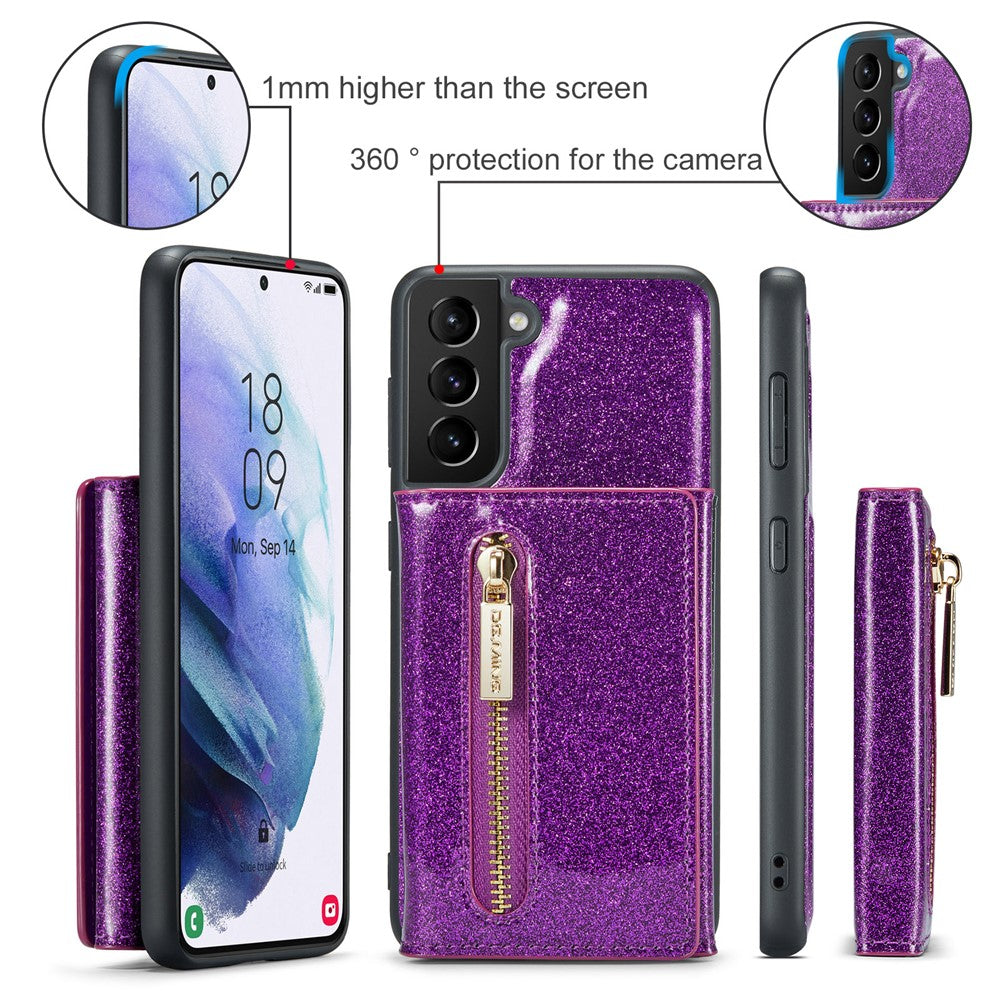 DG.MING M3-serien för Samsung Galaxy S21 4G / 5G 2-i-1 glittrigt PU-läderbelagt PC+TPU fallskyddande baksida magnetiskt avtagbart dragkedja plånboksfodral med stativ