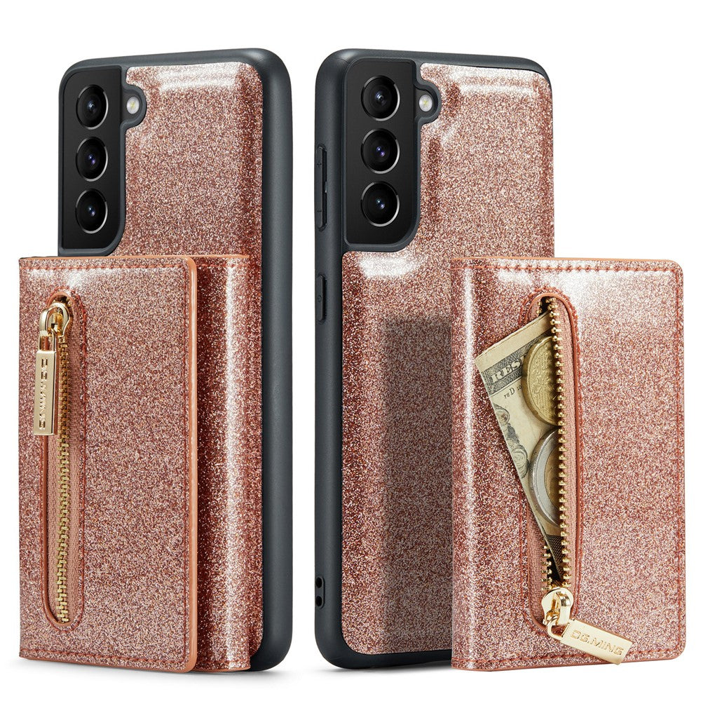 DG.MING M3-serien för Samsung Galaxy S21 4G / 5G 2-i-1 glittrigt PU-läderbelagt PC+TPU fallskyddande baksida magnetiskt avtagbart dragkedja plånboksfodral med stativ