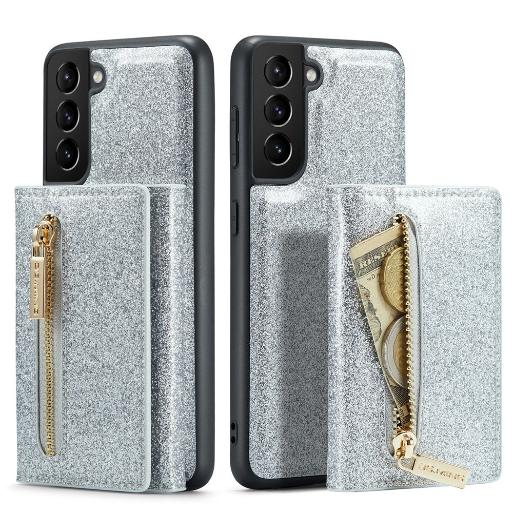 DG.MING M3-serien för Samsung Galaxy S21 4G / 5G 2-i-1 glittrigt PU-läderbelagt PC+TPU fallskyddande baksida magnetiskt avtagbart dragkedja plånboksfodral med stativ