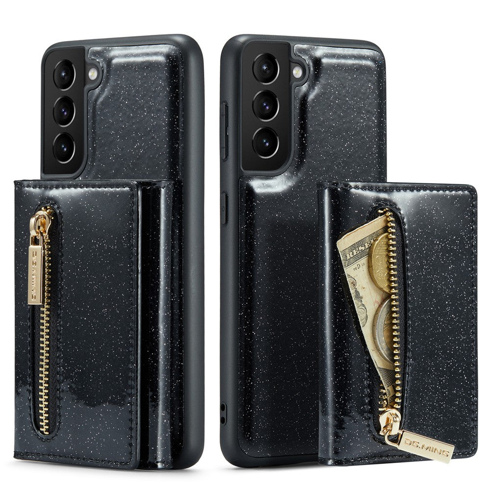 DG.MING M3-serien för Samsung Galaxy S21 4G / 5G 2-i-1 glittrigt PU-läderbelagt PC+TPU fallskyddande baksida magnetiskt avtagbart dragkedja plånboksfodral med stativ