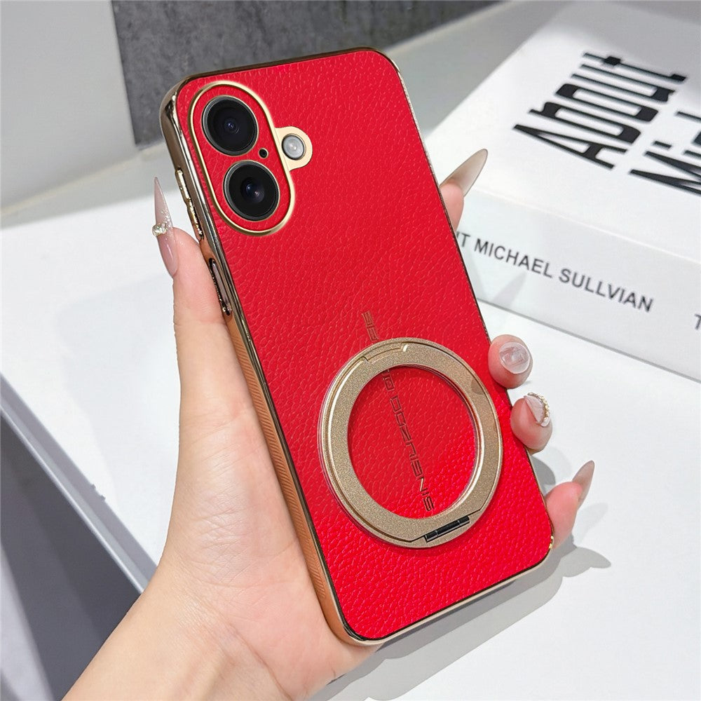 For iPhone 16 Magnetic Case Litchi Pattern TPU PU Cover with Electroplated Metal Ring Kickstand