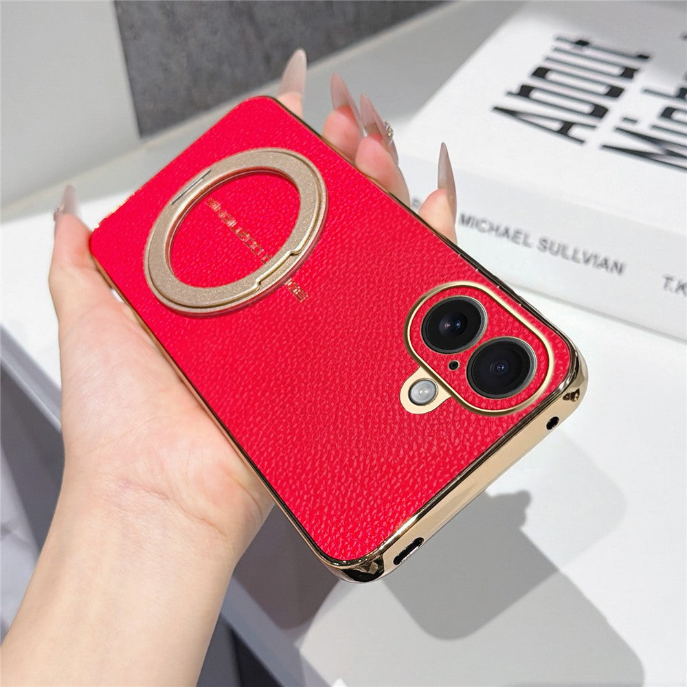 For iPhone 16 Magnetic Case Litchi Pattern TPU PU Cover with Electroplated Metal Ring Kickstand