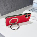 For iPhone 16 Magnetic Case Litchi Pattern TPU PU Cover with Electroplated Metal Ring Kickstand