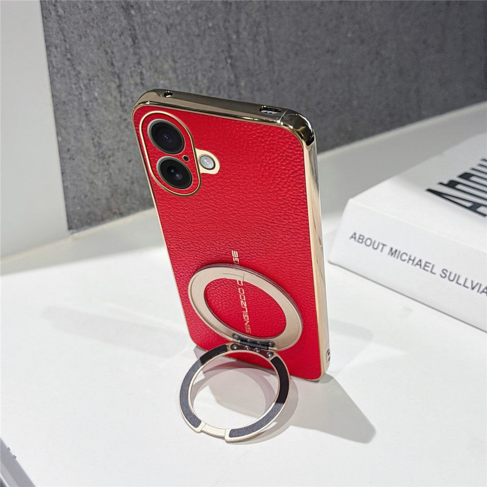 For iPhone 16 Magnetic Case Litchi Pattern TPU PU Cover with Electroplated Metal Ring Kickstand