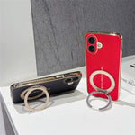 For iPhone 16 Magnetic Case Litchi Pattern TPU PU Cover with Electroplated Metal Ring Kickstand