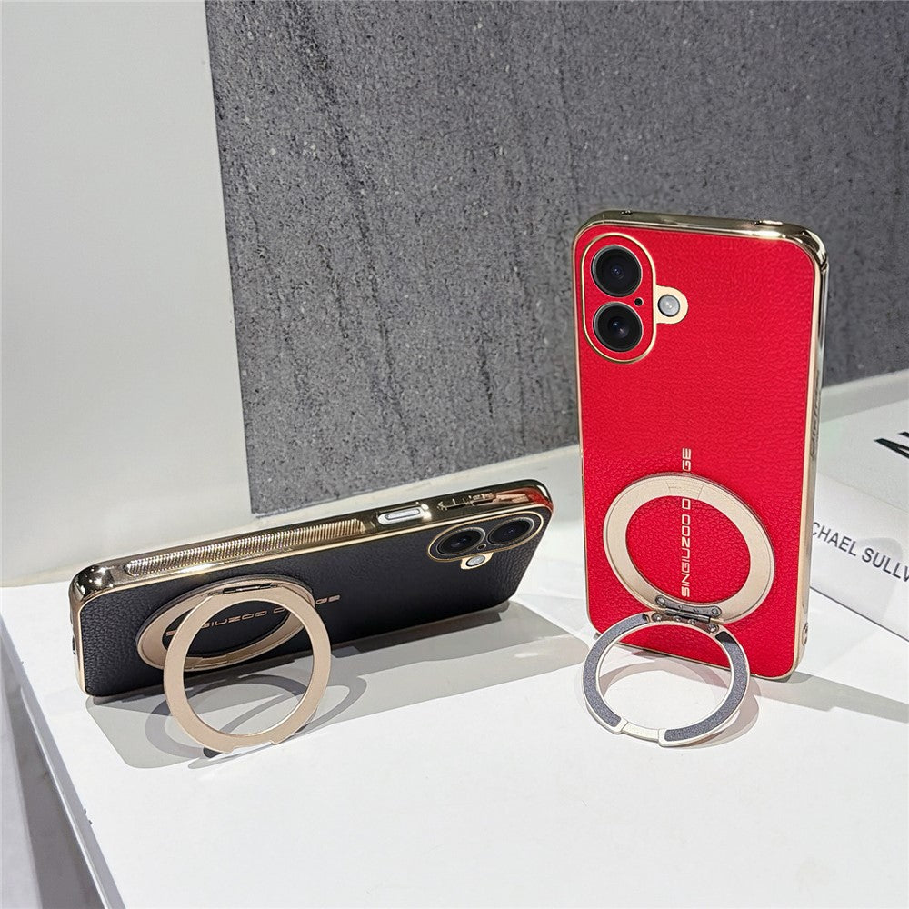 For iPhone 16 Magnetic Case Litchi Pattern TPU PU Cover with Electroplated Metal Ring Kickstand