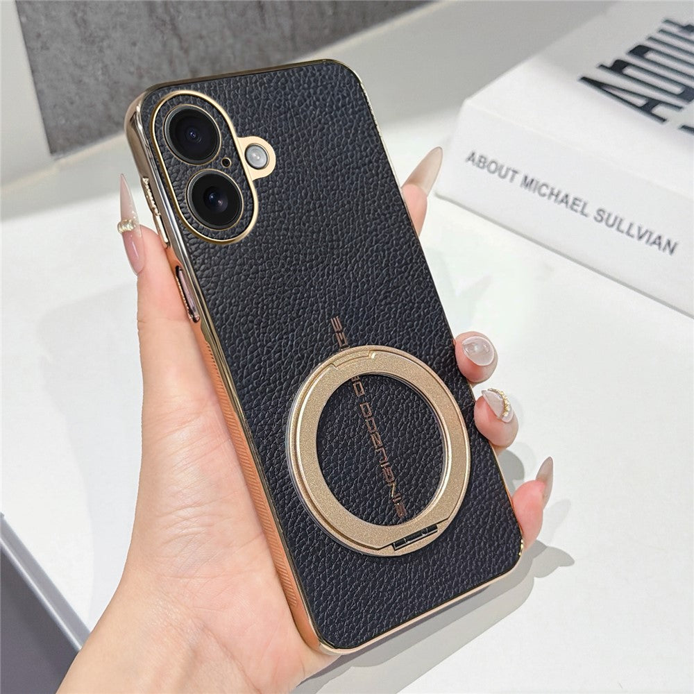 For iPhone 16 Magnetic Case Litchi Pattern TPU PU Cover with Electroplated Metal Ring Kickstand