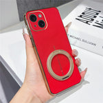 For iPhone 15 Magnetic Case Litchi Pattern TPU PU Cover with Electroplated Metal Ring Kickstand