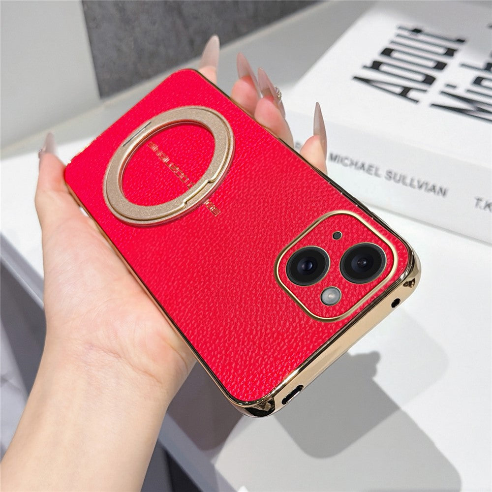For iPhone 15 Magnetic Case Litchi Pattern TPU PU Cover with Electroplated Metal Ring Kickstand