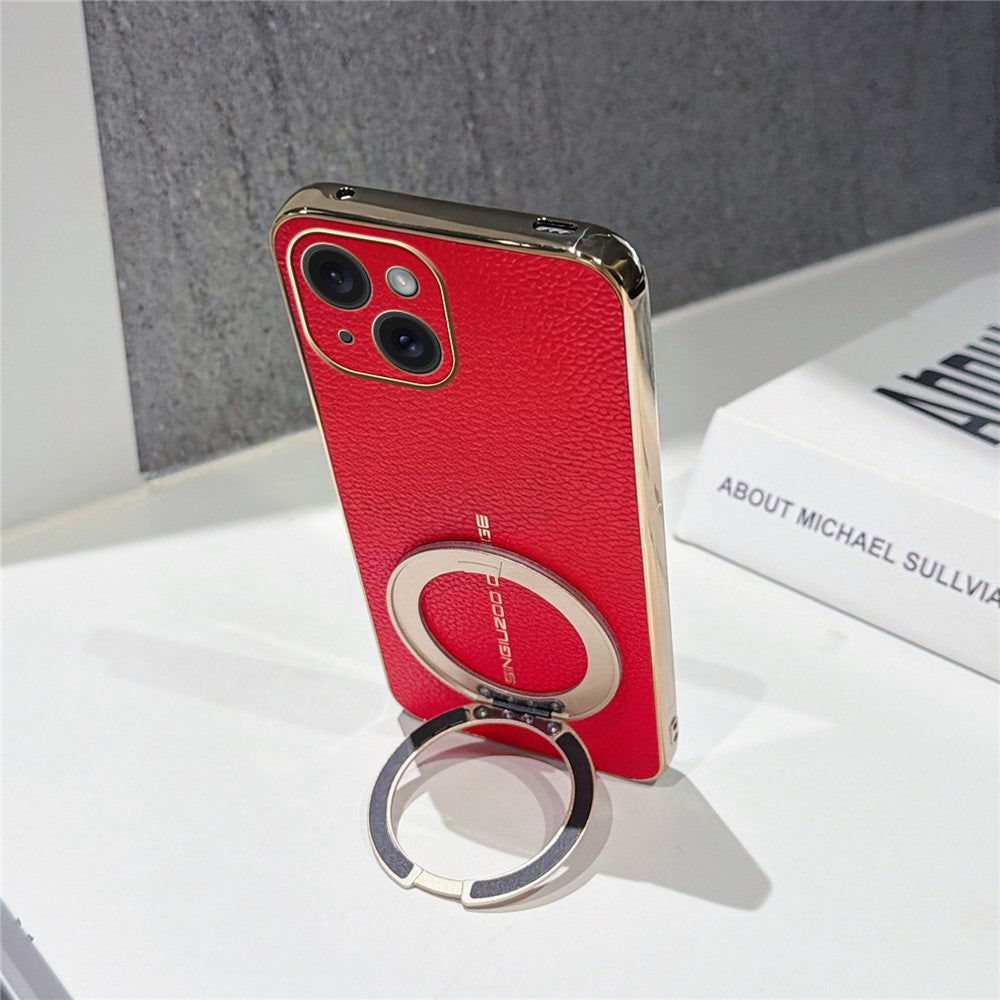 For iPhone 15 Magnetic Case Litchi Pattern TPU PU Cover with Electroplated Metal Ring Kickstand