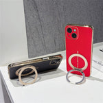 For iPhone 15 Magnetic Case Litchi Pattern TPU PU Cover with Electroplated Metal Ring Kickstand