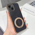 For iPhone 15 Magnetic Case Litchi Pattern TPU PU Cover with Electroplated Metal Ring Kickstand