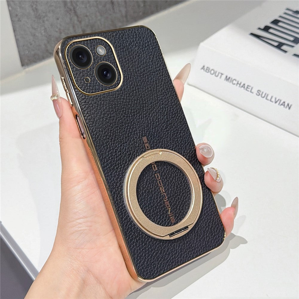 For iPhone 15 Magnetic Case Litchi Pattern TPU PU Cover with Electroplated Metal Ring Kickstand