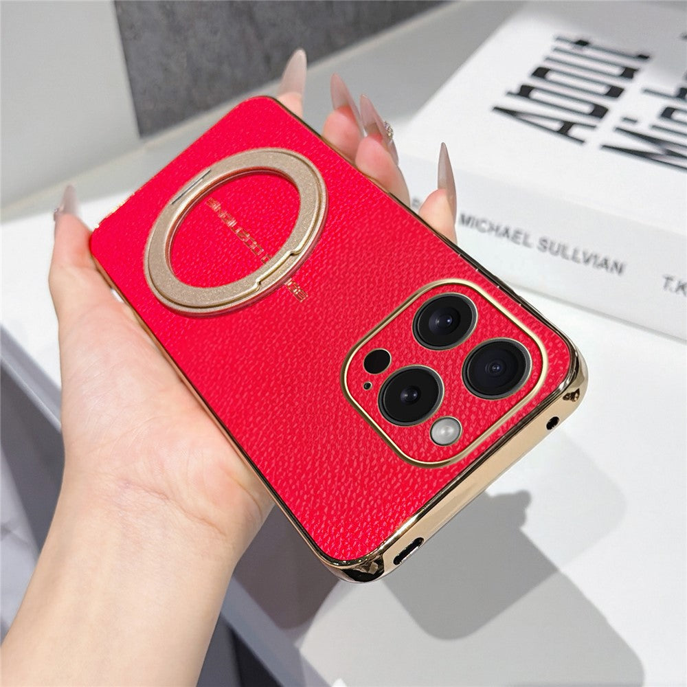 Til iPhone 15 Pro Magnetisk Cover Litchi Mønster TPU PU Cover med Galvaniseret Metal Ring Støttefod