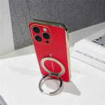 Til iPhone 15 Pro Magnetisk Cover Litchi Mønster TPU PU Cover med Galvaniseret Metal Ring Støttefod