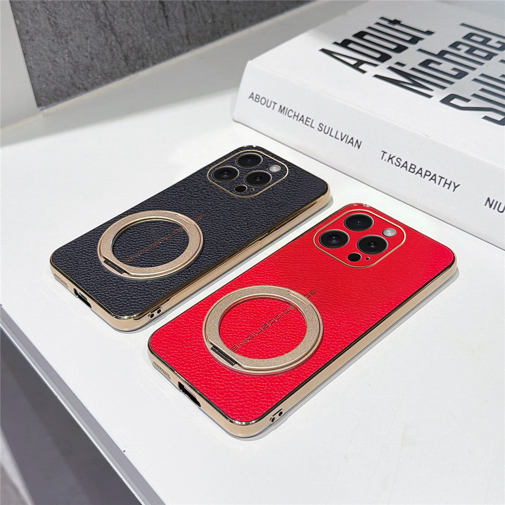 Til iPhone 15 Pro Magnetisk Cover Litchi Mønster TPU PU Cover med Galvaniseret Metal Ring Støttefod