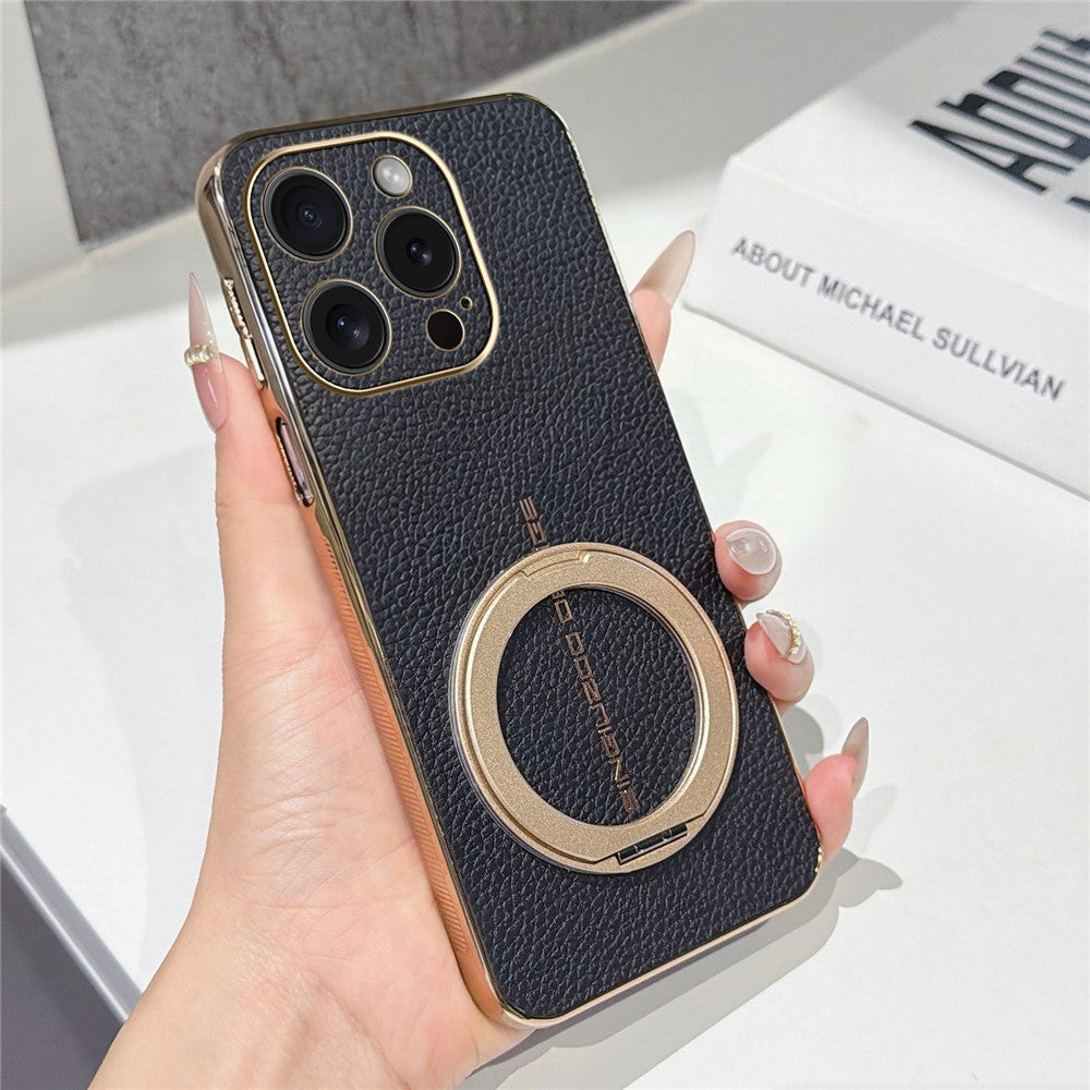 Til iPhone 15 Pro Magnetisk Cover Litchi Mønster TPU PU Cover med Galvaniseret Metal Ring Støttefod