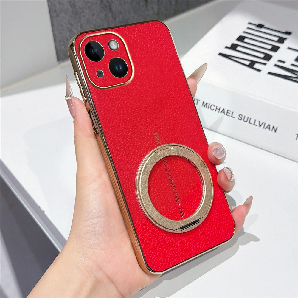Til iPhone 14 Magnetisk Cover Litchi-mønster TPU PU Cover med Galvaniseret Metal Ring Kickstand