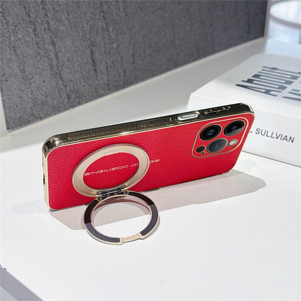 Til iPhone 14 Pro Magnetisk Etui Litchi Mønster TPU PU Cover med Galvaniseret Metalring Støtteben