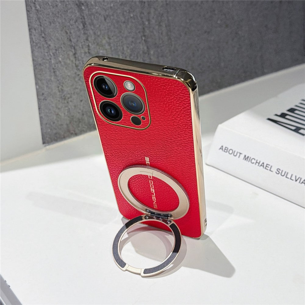 Til iPhone 14 Pro Magnetisk Etui Litchi Mønster TPU PU Cover med Galvaniseret Metalring Støtteben