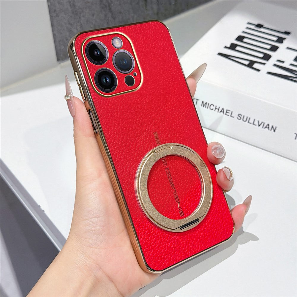 For iPhone 14 Pro Max Magnetic Case Litchi Pattern TPU PU Cover with Electroplated Metal Ring Kickstand