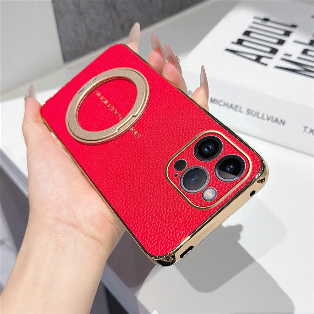 For iPhone 14 Pro Max Magnetic Case Litchi Pattern TPU PU Cover with Electroplated Metal Ring Kickstand