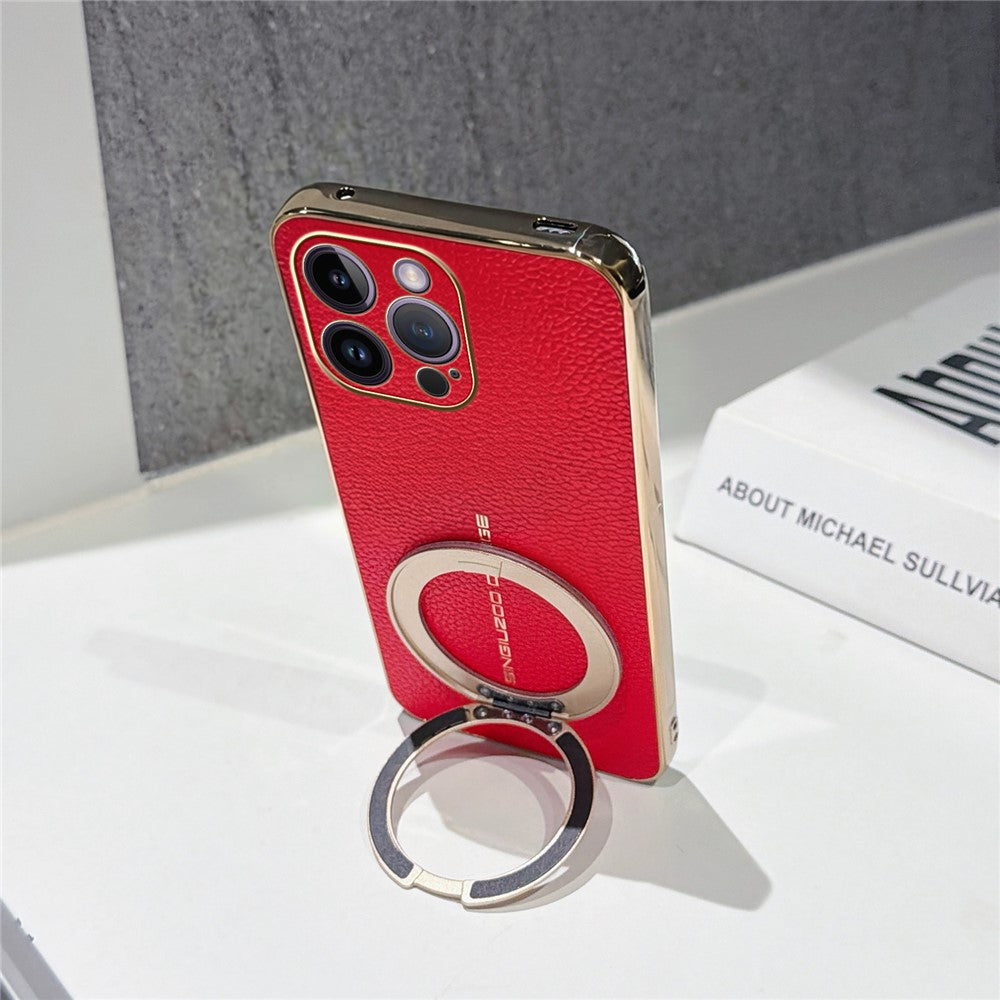 For iPhone 14 Pro Max Magnetic Case Litchi Pattern TPU PU Cover with Electroplated Metal Ring Kickstand