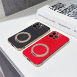For iPhone 14 Pro Max Magnetic Case Litchi Pattern TPU PU Cover with Electroplated Metal Ring Kickstand