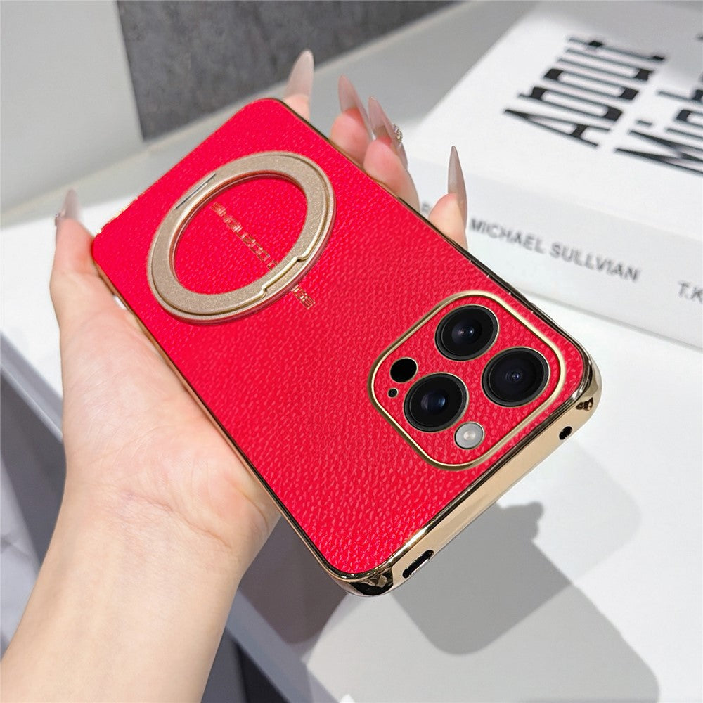 For iPhone 16 Pro Max Magnetic Case Litchi Pattern TPU PU Cover with Electroplated Metal Ring Kickstand