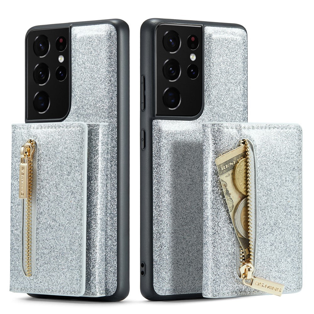 DG.MING M3-serien för Samsung Galaxy S21 Ultra 5G glitter glittrigt magnetiskt avtagbart dragkedjeficka fodral med stativ PU-läderbelagt PC+TPU skyddande mobilskal