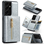 DG.MING M3-serien för Samsung Galaxy S21 Ultra 5G glitter glittrigt magnetiskt avtagbart dragkedjeficka fodral med stativ PU-läderbelagt PC+TPU skyddande mobilskal
