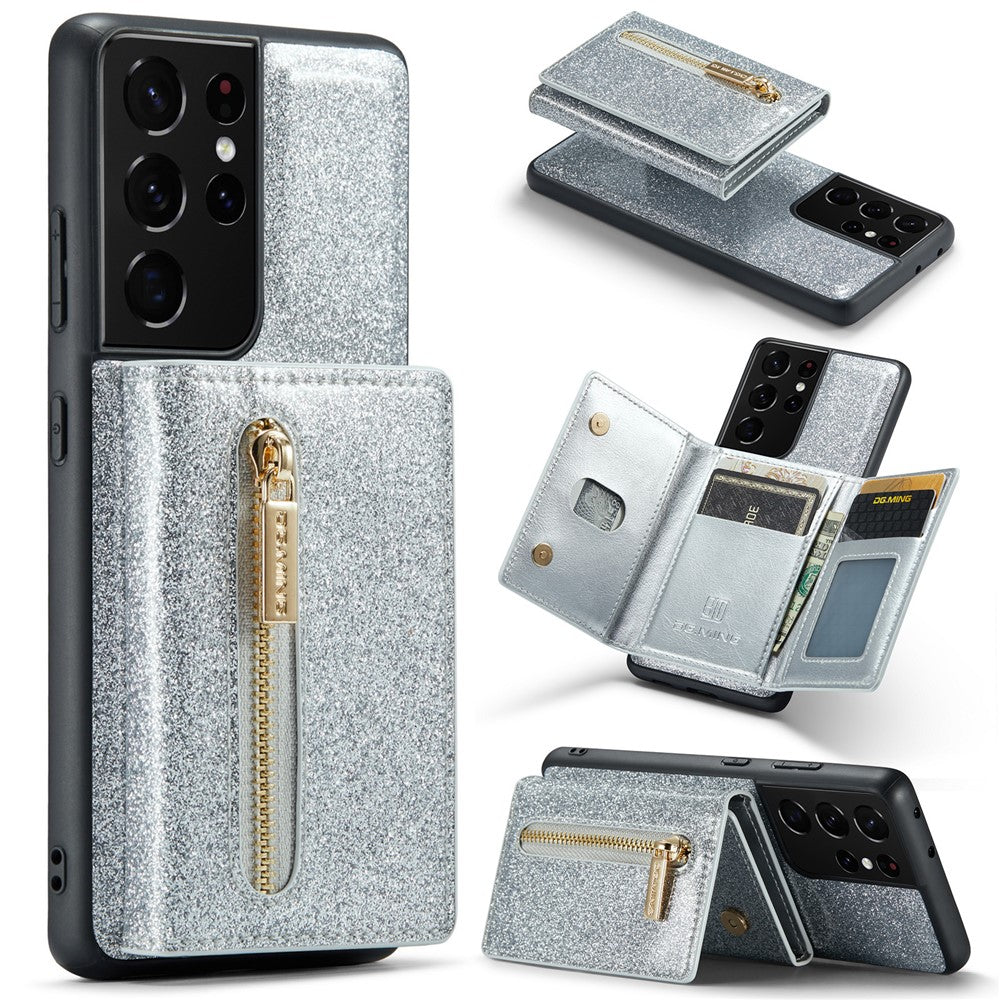 DG.MING M3-serien för Samsung Galaxy S21 Ultra 5G glitter glittrigt magnetiskt avtagbart dragkedjeficka fodral med stativ PU-läderbelagt PC+TPU skyddande mobilskal