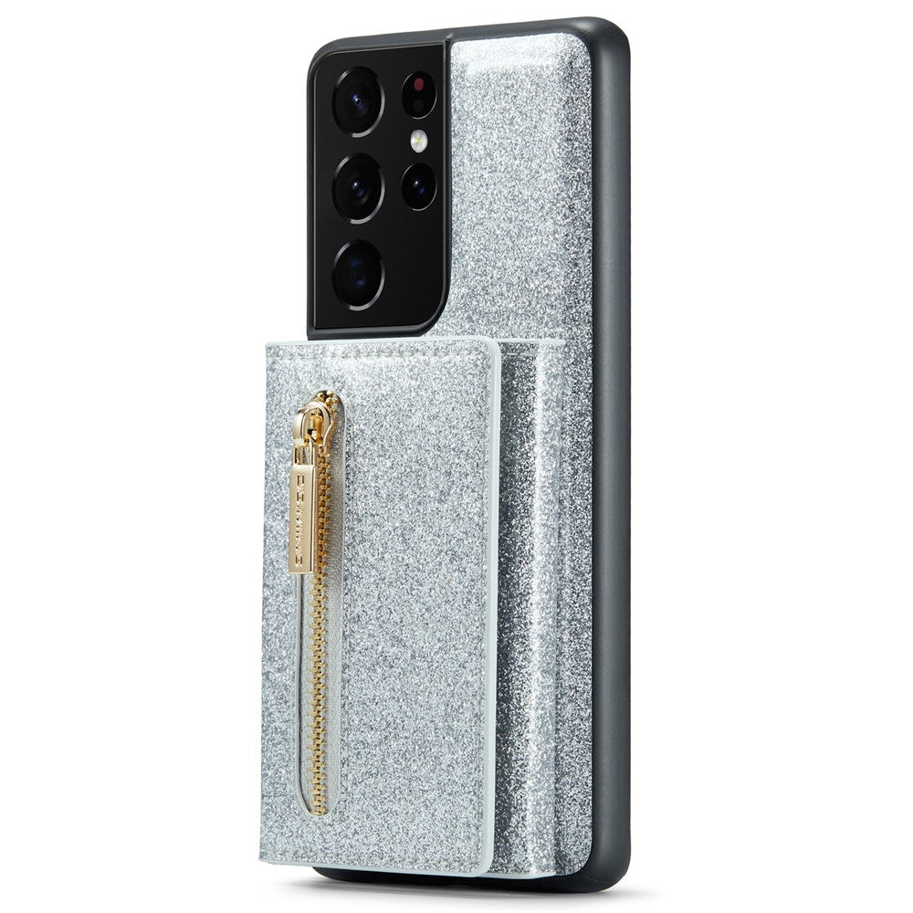 DG.MING M3-serien för Samsung Galaxy S21 Ultra 5G glitter glittrigt magnetiskt avtagbart dragkedjeficka fodral med stativ PU-läderbelagt PC+TPU skyddande mobilskal