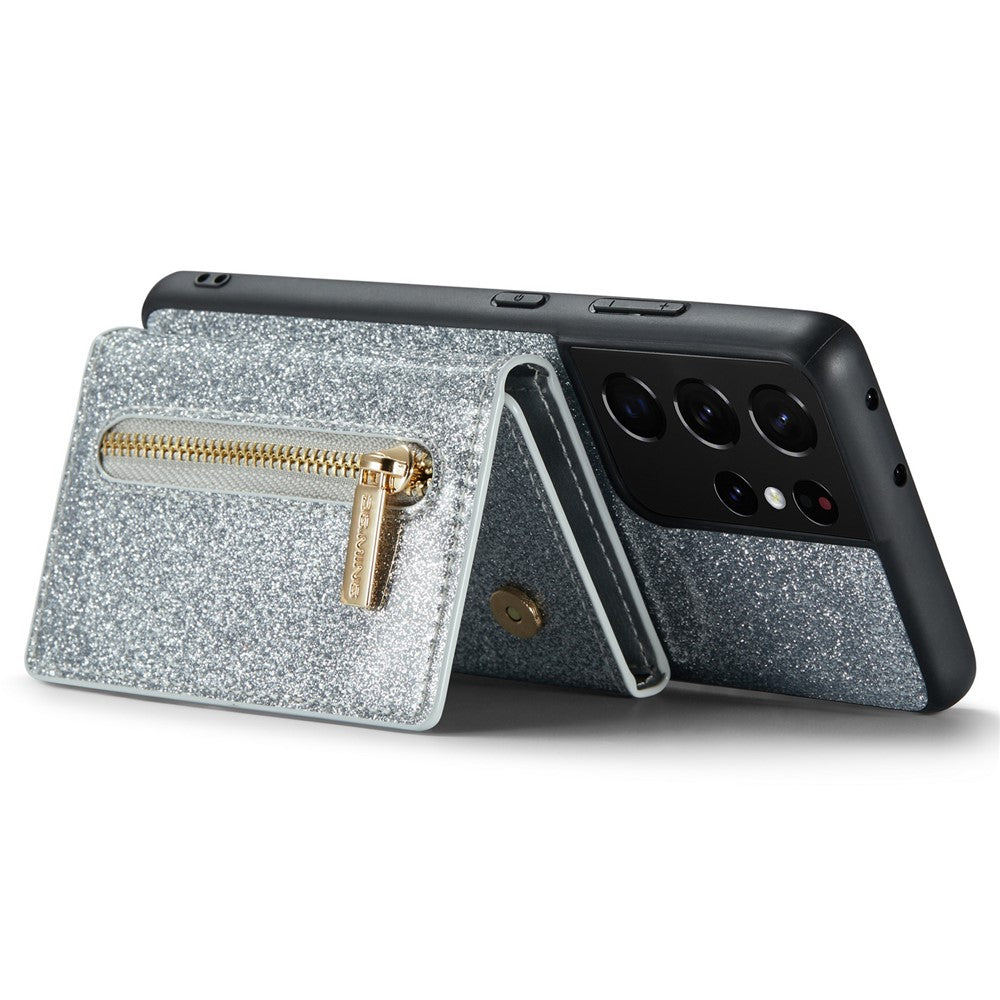DG.MING M3-serien för Samsung Galaxy S21 Ultra 5G glitter glittrigt magnetiskt avtagbart dragkedjeficka fodral med stativ PU-läderbelagt PC+TPU skyddande mobilskal