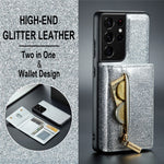 DG.MING M3-serien för Samsung Galaxy S21 Ultra 5G glitter glittrigt magnetiskt avtagbart dragkedjeficka fodral med stativ PU-läderbelagt PC+TPU skyddande mobilskal