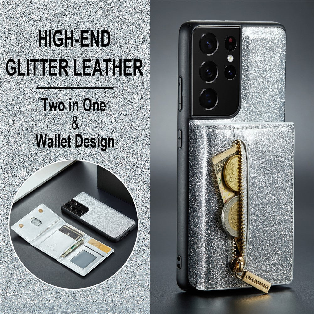 DG.MING M3-serien för Samsung Galaxy S21 Ultra 5G glitter glittrigt magnetiskt avtagbart dragkedjeficka fodral med stativ PU-läderbelagt PC+TPU skyddande mobilskal