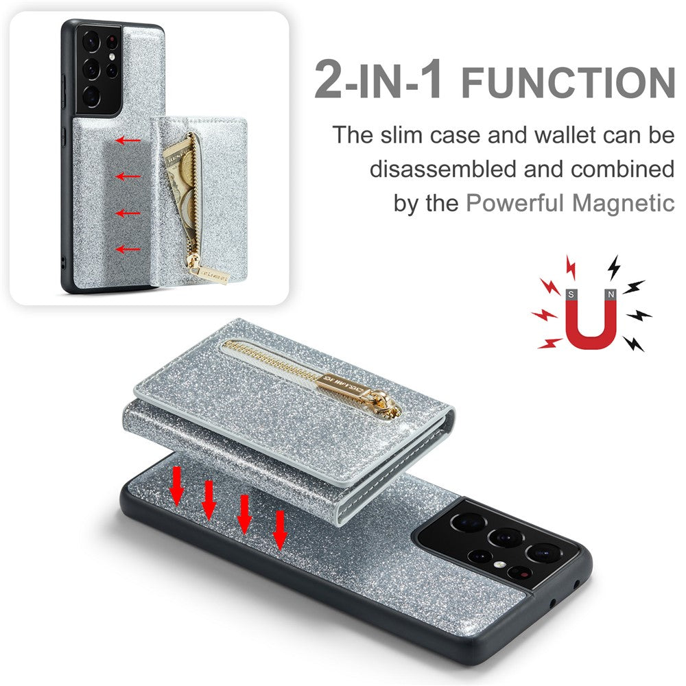 DG.MING M3-serien för Samsung Galaxy S21 Ultra 5G glitter glittrigt magnetiskt avtagbart dragkedjeficka fodral med stativ PU-läderbelagt PC+TPU skyddande mobilskal