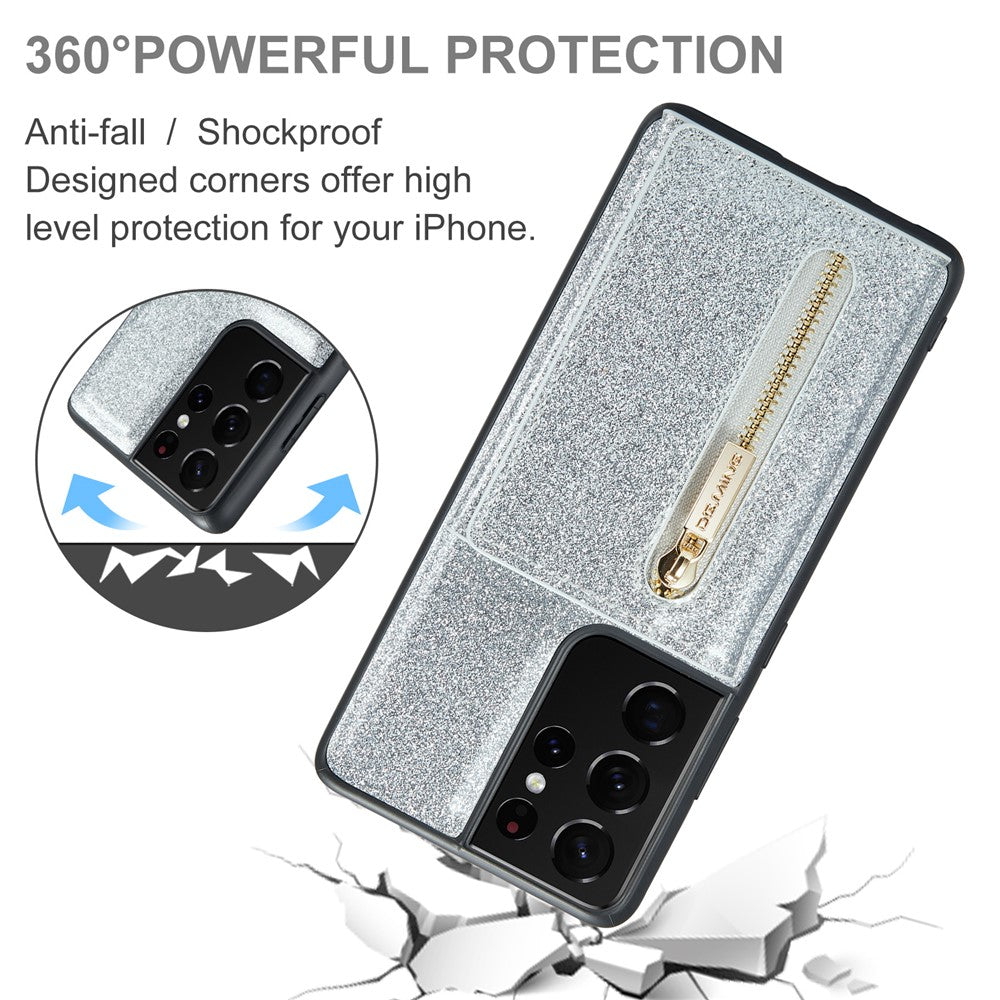 DG.MING M3-serien för Samsung Galaxy S21 Ultra 5G glitter glittrigt magnetiskt avtagbart dragkedjeficka fodral med stativ PU-läderbelagt PC+TPU skyddande mobilskal
