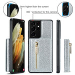 DG.MING M3-serien för Samsung Galaxy S21 Ultra 5G glitter glittrigt magnetiskt avtagbart dragkedjeficka fodral med stativ PU-läderbelagt PC+TPU skyddande mobilskal