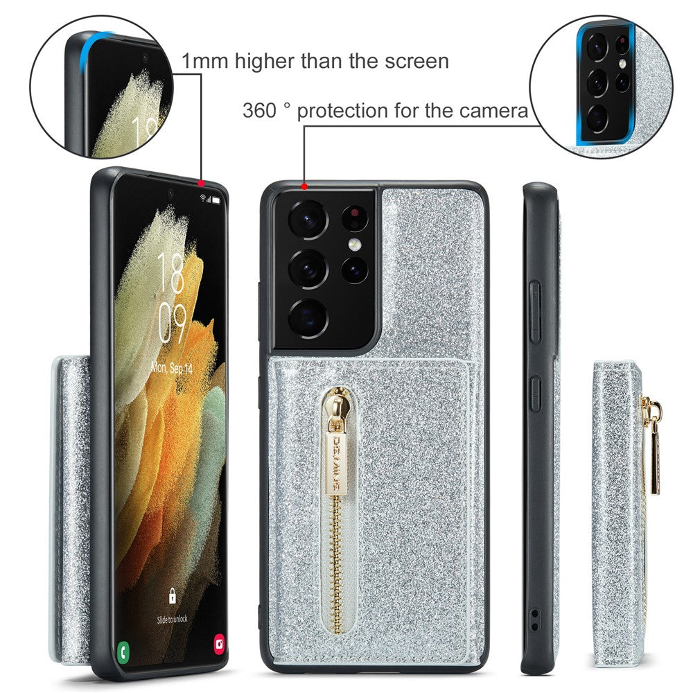 DG.MING M3-serien för Samsung Galaxy S21 Ultra 5G glitter glittrigt magnetiskt avtagbart dragkedjeficka fodral med stativ PU-läderbelagt PC+TPU skyddande mobilskal