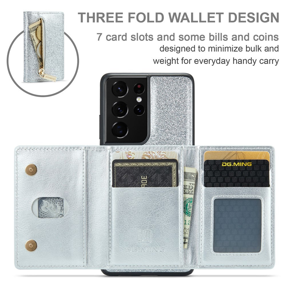 DG.MING M3-serien för Samsung Galaxy S21 Ultra 5G glitter glittrigt magnetiskt avtagbart dragkedjeficka fodral med stativ PU-läderbelagt PC+TPU skyddande mobilskal