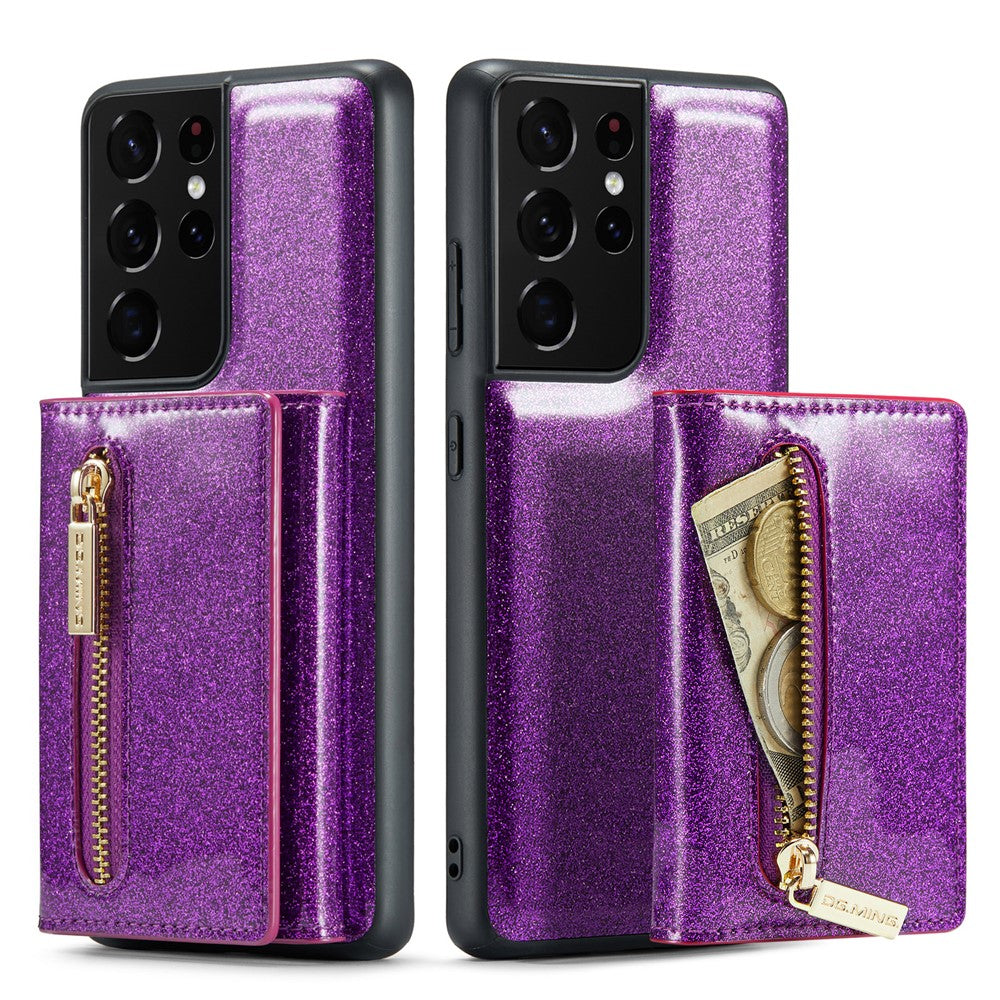 DG.MING M3-serien för Samsung Galaxy S21 Ultra 5G glitter glittrigt magnetiskt avtagbart dragkedjeficka fodral med stativ PU-läderbelagt PC+TPU skyddande mobilskal