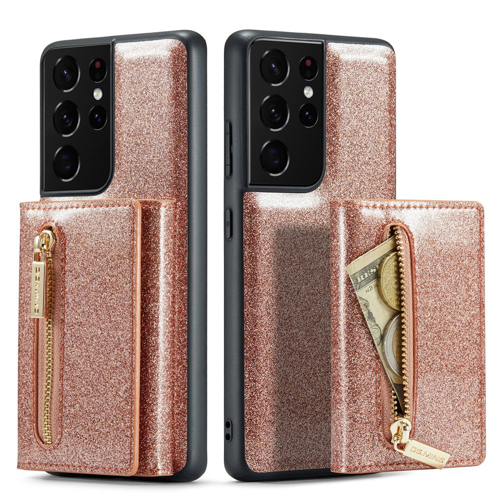 DG.MING M3-serien för Samsung Galaxy S21 Ultra 5G glitter glittrigt magnetiskt avtagbart dragkedjeficka fodral med stativ PU-läderbelagt PC+TPU skyddande mobilskal