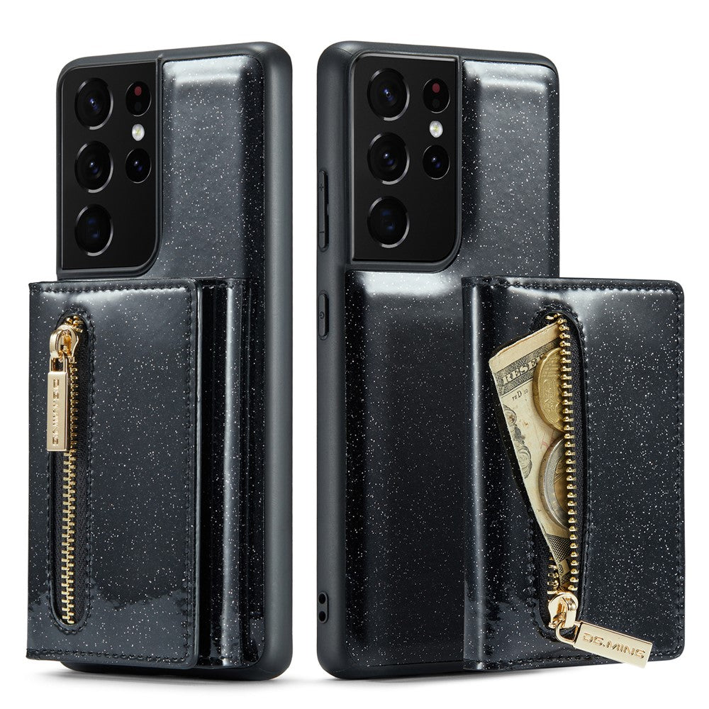 DG.MING M3-serien för Samsung Galaxy S21 Ultra 5G glitter glittrigt magnetiskt avtagbart dragkedjeficka fodral med stativ PU-läderbelagt PC+TPU skyddande mobilskal