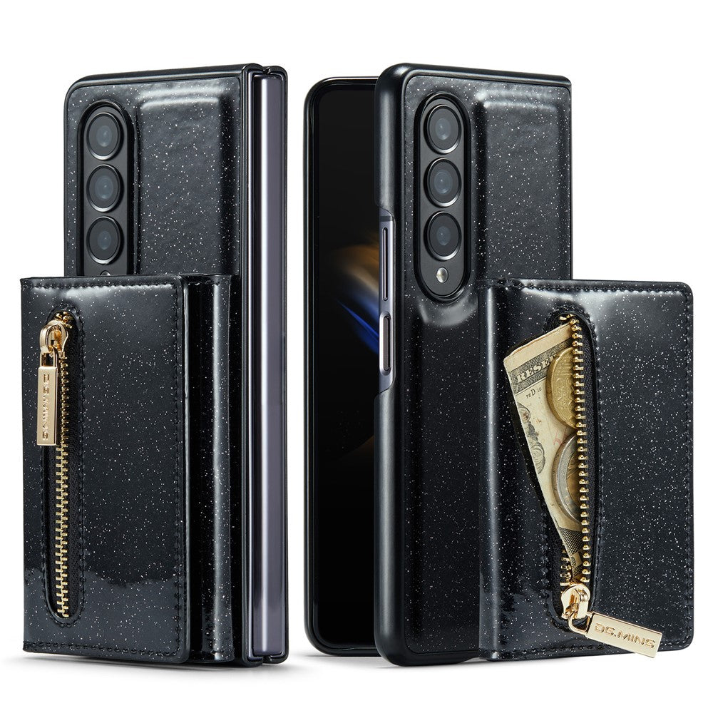 DG.MING M3-serien för Samsung Galaxy Z Fold3 5G 2-i-1 glittrigt PU-läderbelagt PC+TPU antikollisionsskyddande bakstycke magnetiskt avtagbart dragkedja plånboksfodral med stöd