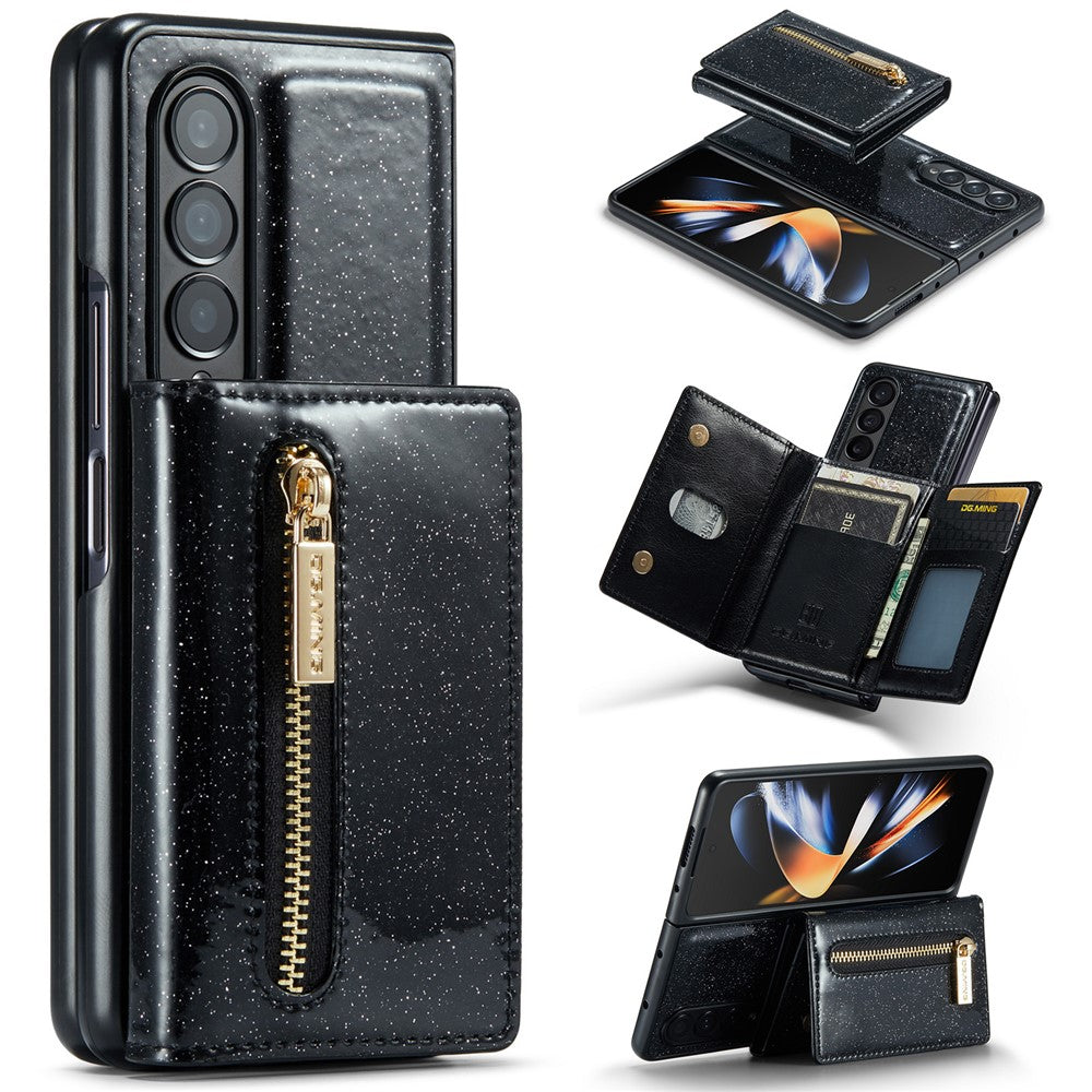DG.MING M3-serien för Samsung Galaxy Z Fold3 5G 2-i-1 glittrigt PU-läderbelagt PC+TPU antikollisionsskyddande bakstycke magnetiskt avtagbart dragkedja plånboksfodral med stöd