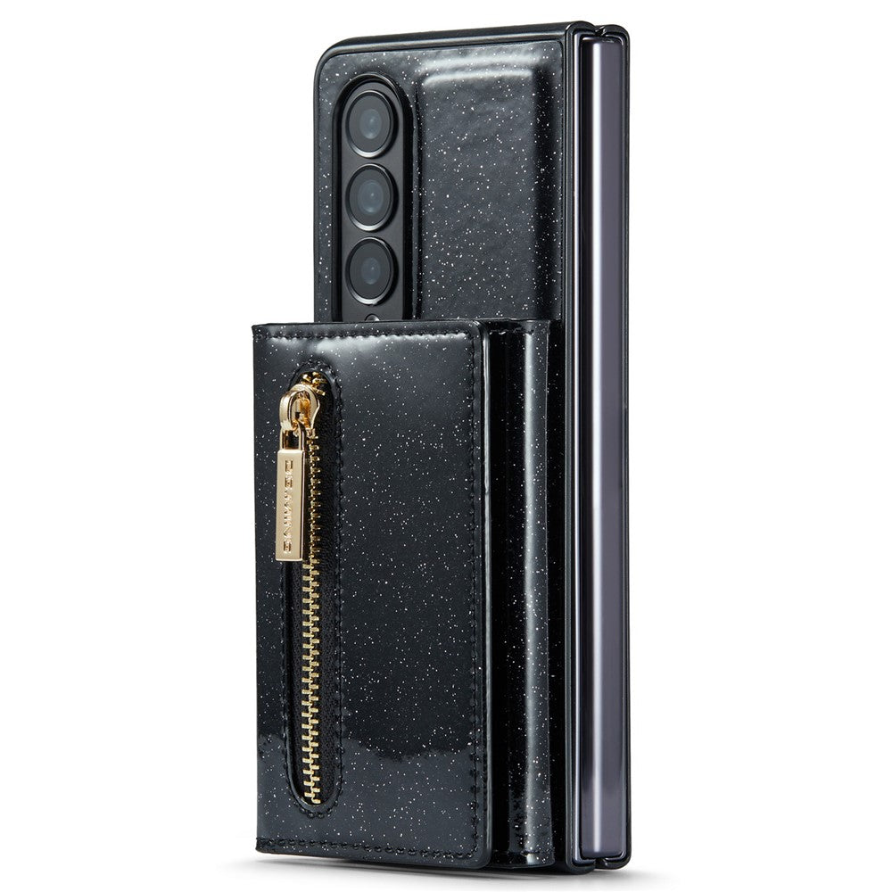 DG.MING M3-serien för Samsung Galaxy Z Fold3 5G 2-i-1 glittrigt PU-läderbelagt PC+TPU antikollisionsskyddande bakstycke magnetiskt avtagbart dragkedja plånboksfodral med stöd