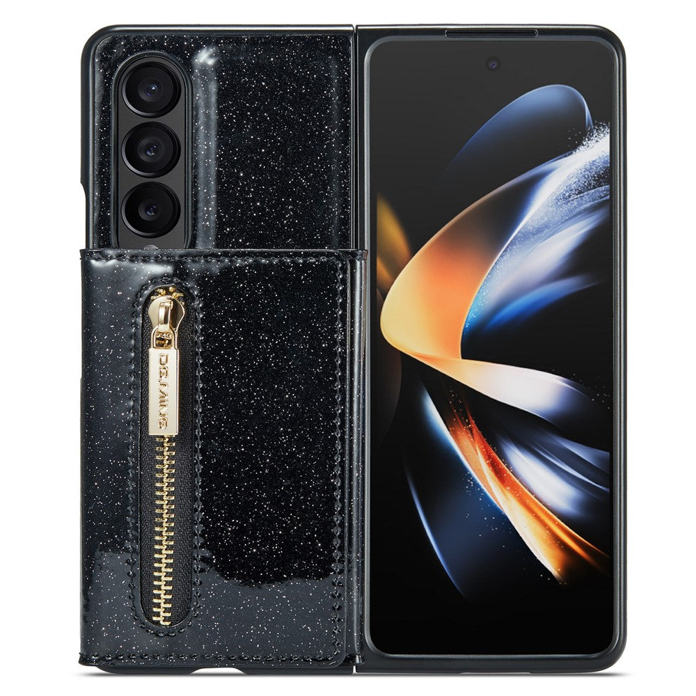 DG.MING M3-serien för Samsung Galaxy Z Fold3 5G 2-i-1 glittrigt PU-läderbelagt PC+TPU antikollisionsskyddande bakstycke magnetiskt avtagbart dragkedja plånboksfodral med stöd