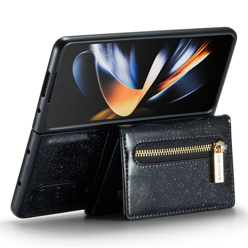 DG.MING M3-serien för Samsung Galaxy Z Fold3 5G 2-i-1 glittrigt PU-läderbelagt PC+TPU antikollisionsskyddande bakstycke magnetiskt avtagbart dragkedja plånboksfodral med stöd